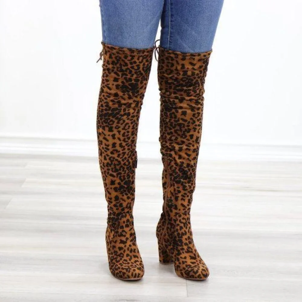 Suede Leopard Thigh High Heeled Boots